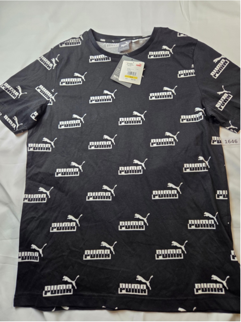 Puma Men’s All Over Logo T-Shirt Black White Regular Fit Size M NWT #1646
